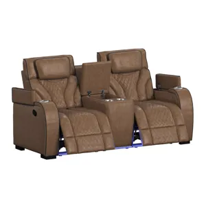 Blitz Motion Loveseat with Console, and LED in Simba Cafe and Black Welt