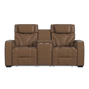 Blitz Motion Loveseat with Console, and LED in Simba Cafe and Black Welt