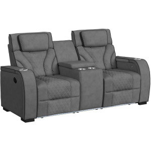 Blitz Motion Loveseat with Console, and LED in Simba Slate and Black Welt
