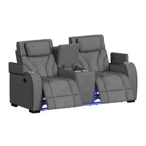 Blitz Motion Loveseat with Console, and LED in Simba Slate and Black Welt