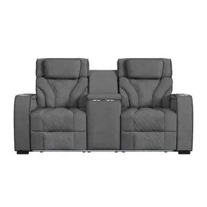 Blitz Motion Loveseat with Console, and LED in Simba Slate and Black Welt