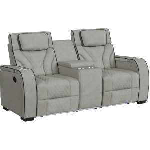 Blitz Motion Loveseat with Console, and LED in Simba Taupe and Black Welt