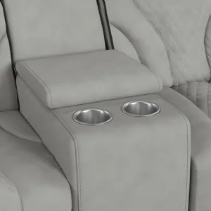 Blitz Motion Loveseat with Console, and LED in Simba Taupe and Black Welt