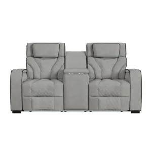 Blitz Motion Loveseat with Console, and LED in Simba Taupe and Black Welt