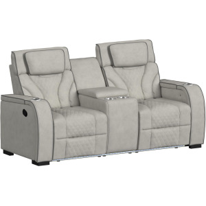 Blitz Motion Loveseat with Console, and LED in Simba Taupe and Slate Welt