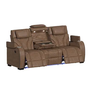 Blitz Motion Sofa with DDT, Reading Light, Wireless Charger and LED in Simba Cafe and Black Welt