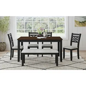 Brooks 6PC Dining Set with Table, 4 Wood Back and UPH Seat Chairs, and Bench in Medium Brown & Black