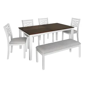 Brooks 6PC Dining Set with Table, 4 Wood Back and UPH Seat Chairs, and Bench in Medium Brown & White