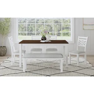 Brooks 6PC Dining Set with Table, 4 Wood Back and UPH Seat Chairs, and Bench in Medium Brown & White