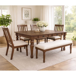 Broyhill Attic Heirlooms Dining Bench with Oatmeal Light Brown Fabric in Brown