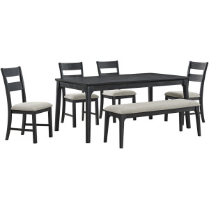 Garcia 6PC Dining Set with Table, 4 Chairs, and Bench in Black
