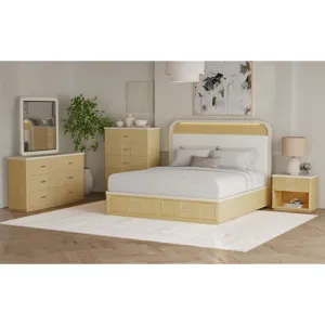 Cambrie Queen UPH Bed with White Fabric and Light in Off-White and Natural