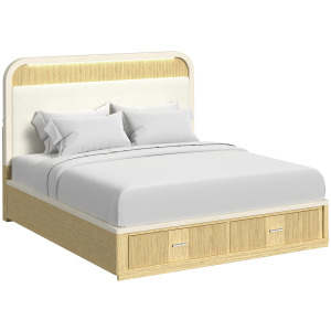 Cambrie King UPH Bed with White Fabric and Light in Off-White and Natural