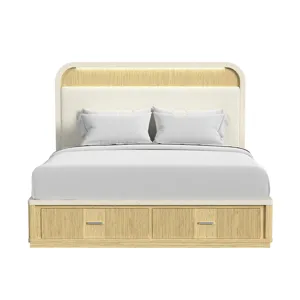 Cambrie King UPH Bed with White Fabric and Light in Off-White and Natural