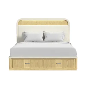 Cambrie King UPH Bed with White Fabric and Light & Storage FB in Off-White and Natural