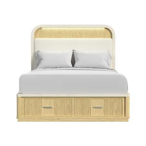 Cambrie Queen UPH Bed with White Fabric and Light in Off-White and Natural