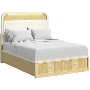 Cambrie Queen UPH Bed with White Fabric and Light & Storage FB in Off-White and Natural