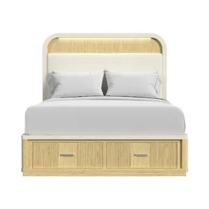Cambrie Queen UPH Bed with White Fabric and Light & Storage FB in Off-White and Natural