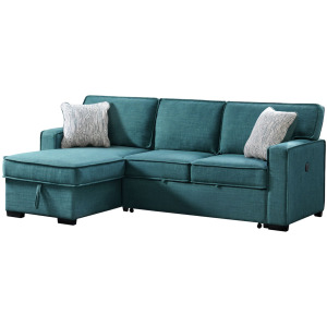 Caracas Sectional Sleeper Chofa with Pull Bed, Drop Table & USB in Palmer Teal
