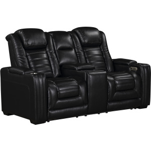 Commander Power Motion Loveseat with Power Headrest, LED Console, wireless charger and power foldout cup holder in Pebble Black