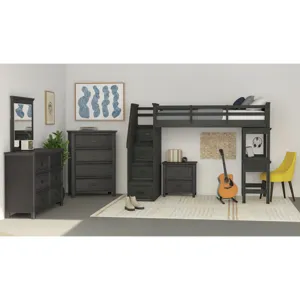 Hampton Kids Twin Loft with Staircase and Desk with Speaker in Charcoal