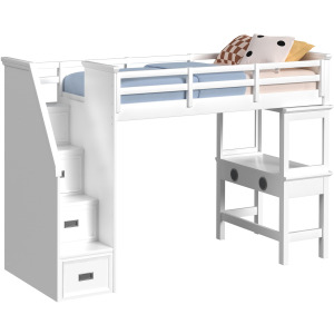 Hampton Kids Twin Loft with Staircase and Desk with Speaker in White