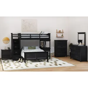 Hampton Kids Twin Over Full Loft with Staircase and Desk with Speaker in Charcoal