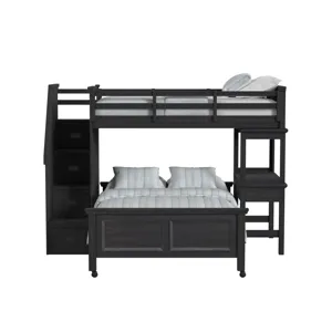 Hampton Kids Twin Over Full Loft with Staircase and Desk with Speaker in Charcoal