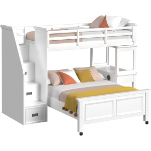 Hampton Kids Twin Over Full Loft with Staircase and Desk with Speaker in White