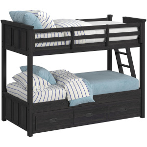 Hampton Kids Twin Over Twin Bunk with Ladder and Trundle in Charcoal