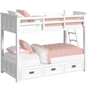 Hampton Kids Twin Over Twin Bunk with Ladder and Trundle in White