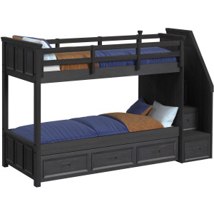 Hampton Kids Twin Over Twin Bunk with Staircase and Trundle in Charcoal