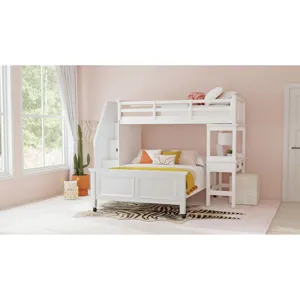Hampton Kids Twin Over Full Loft with Staircase and Desk with Speaker in White
