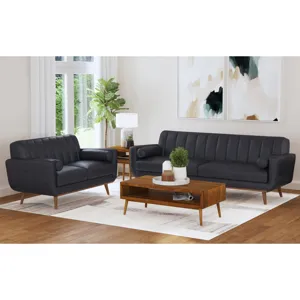 Horizon Sofa with Wood Front and 2 6\" bolster Pillows in Pebble Navy