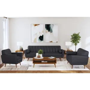 Horizon Sofa with Wood Front and 2 6\" bolster Pillows in Pebble Navy