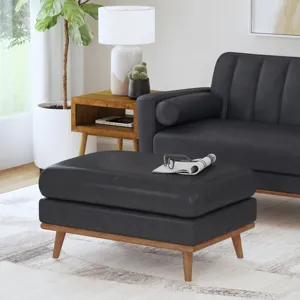 Horizon Ottoman with Wood Base in Pebble Navy