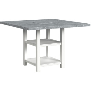 Karina Square Counter Table with Grey Faux Marble and Lazy Susan in Washed White