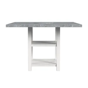 Karina Square Counter Table with Grey Faux Marble and Lazy Susan in Washed White