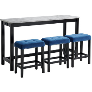 Marco Bar Table Set Single Pack in White Top (Table + 3 Stool in Blue Velvet)