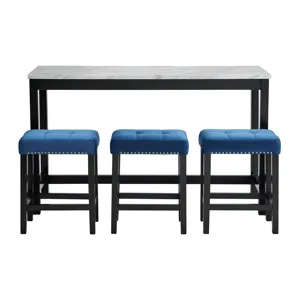Marco Bar Table Set Single Pack in White Top (Table + 3 Stool in Blue Velvet)