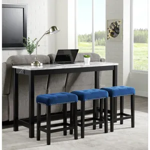 Marco Bar Table Set Single Pack in White Top (Table + 3 Stool in Blue Velvet)
