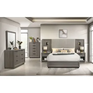 Martina King UPH Bed with Palmer Smoke Fabric, 2 Piers, and 2 Nightstands in Grey