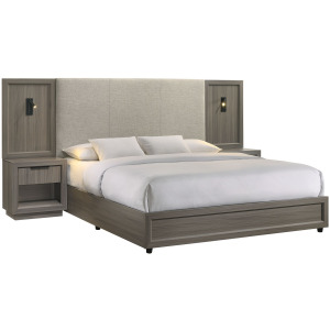 Martina King UPH Bed with Palmer Smoke Fabric, 2 Piers, and 2 Nightstands in Grey