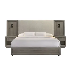 Martina King UPH Bed with Palmer Smoke Fabric, 2 Piers, and 2 Nightstands in Grey