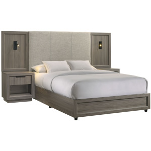 Martina Queen UPH Bed with Palmer Smoke Fabric, 2 Piers, and 2 Nightstands in Grey
