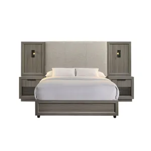 Martina Queen UPH Bed with Palmer Smoke Fabric, 2 Piers, and 2 Nightstands in Grey