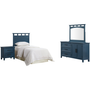 Matias RTA Bedroom Set with Twin Headboard, Dresser, Mirror & Nightstand in Blue