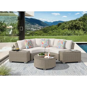 Ollie Curved Loveseat - Tan and Olefin White Cream with 3 Multi Color Pillows