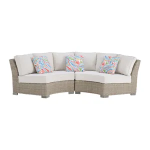 Ollie Curved Loveseat - Tan and Olefin White Cream with 3 Multi Color Pillows