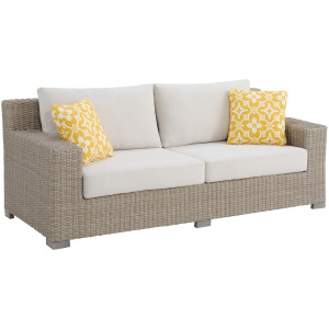 Ollie Sofa - Tan and Olefin White Cream with 2 Yellow Pillows